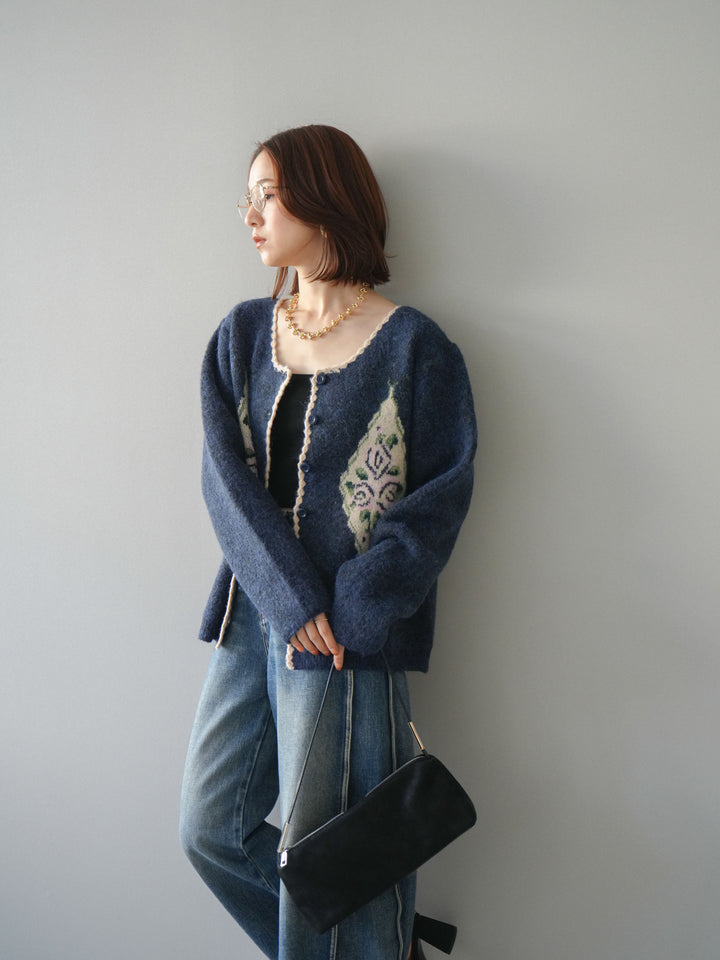 [予約]アンティークフラワージャガードニットカーディガン/navy