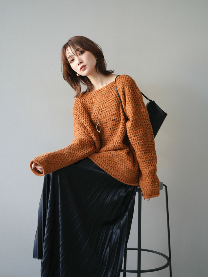 [予約]ネップ透かし編みオーバーニット/camel