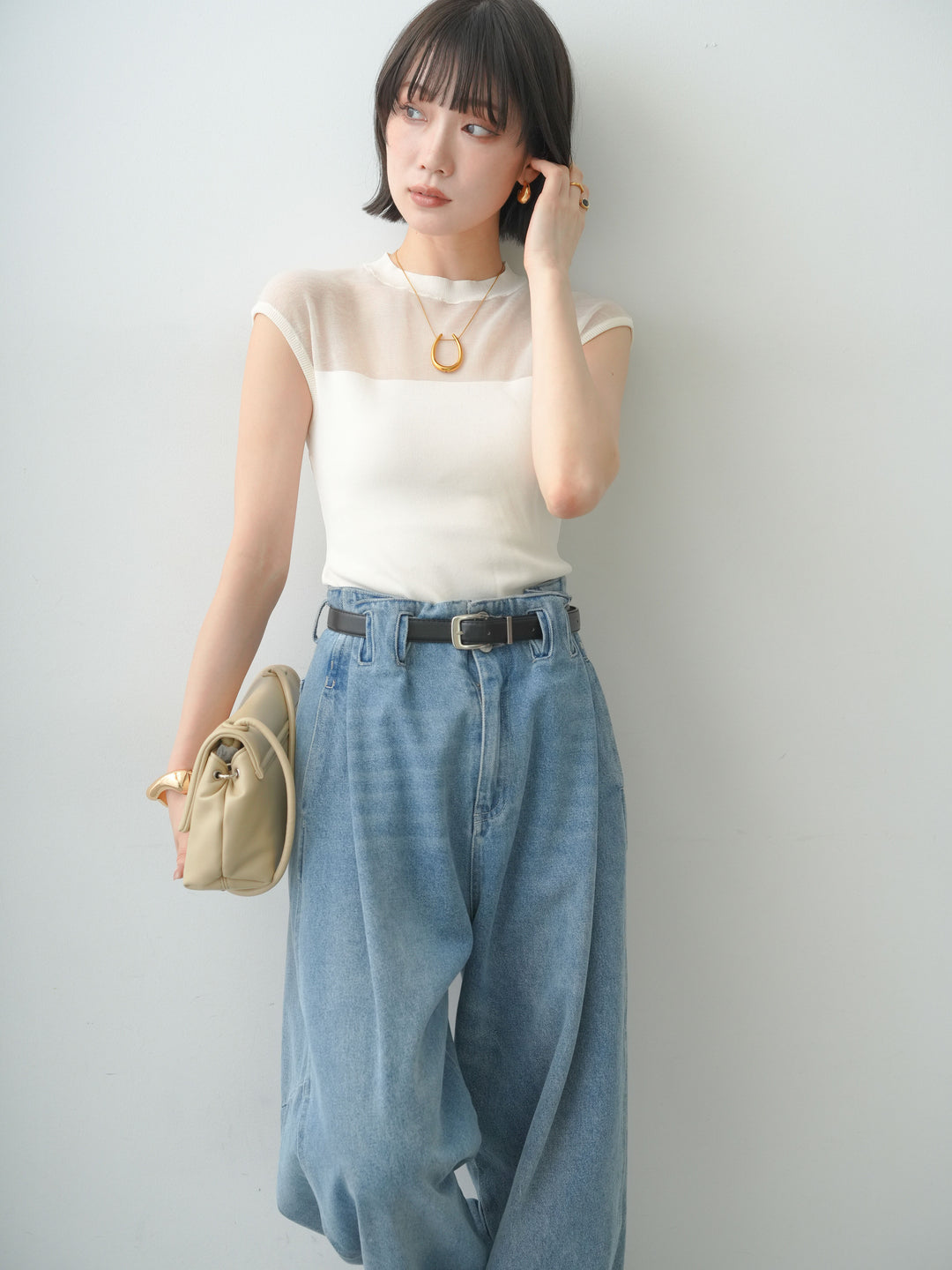 [予約]シアー切替ニットトップス/white
