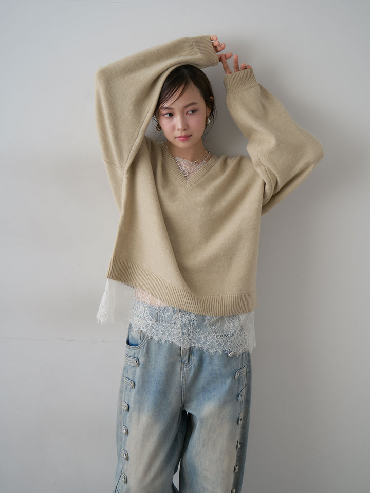 [SET]アルパカタッチレースドッキングVネックニットトップス+ナポレオンライトウォッシュワイドデニム(2set)