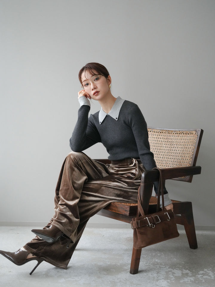 [予約]ニットカフス襟付き配色リブニットトップス/charcoal