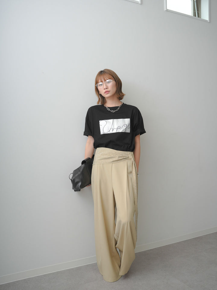 [SET]箔プリントボックスTEE+ビジューベルトタックワイドパンツ(2set)