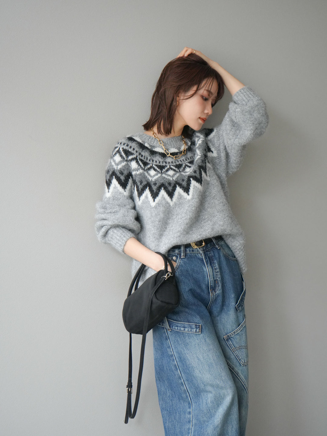 [SET]求心柄オーバーニットプルオーバー+ペインターカーブデニムパンツ(2set)