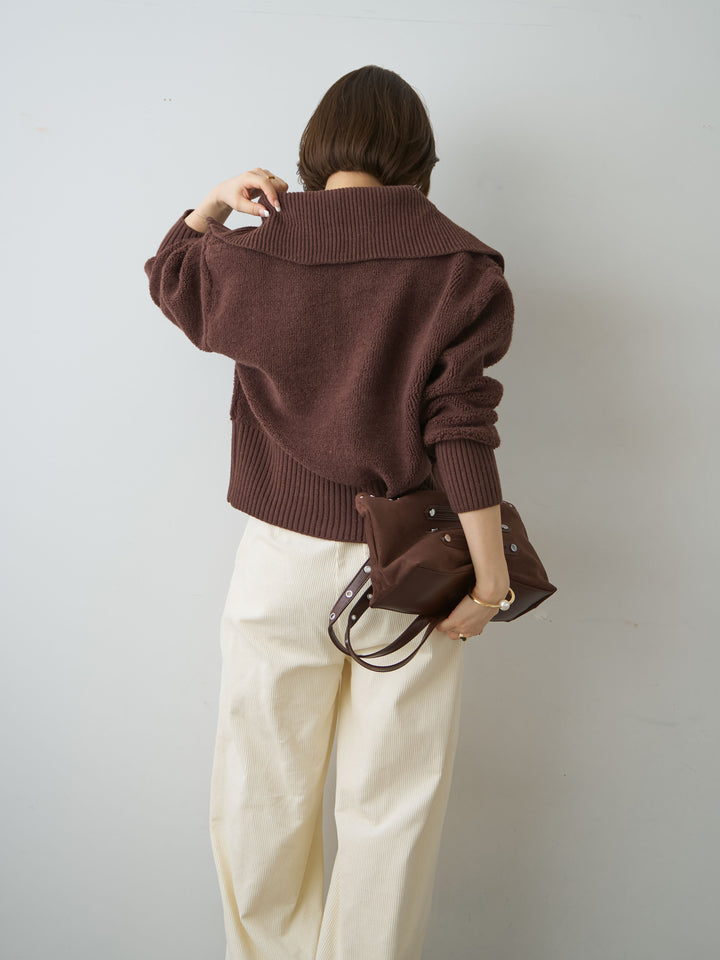 [SET]リブカラー圧縮ブークレニットブルゾン+ベルト付コーディロイワイドストレートパンツ(2set)