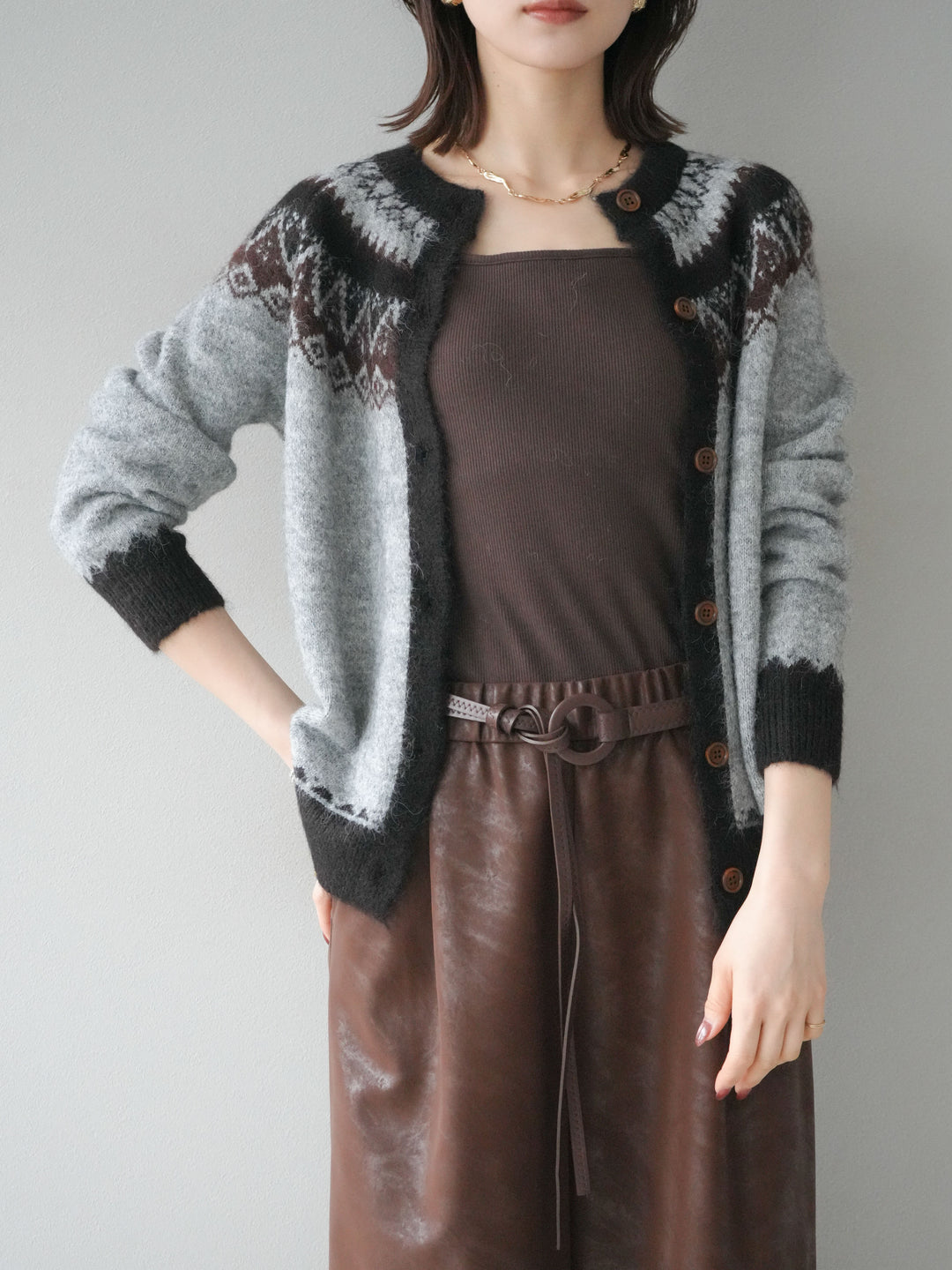 [予約]ノルディック柄ニットカーディガン/gray
