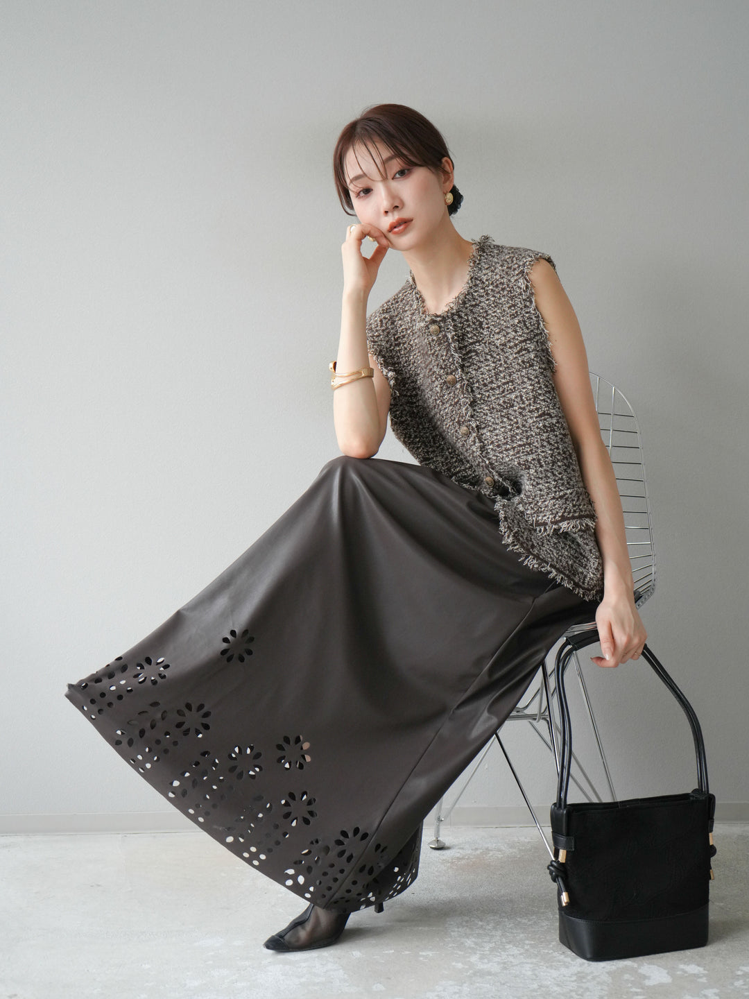 [予約]ミックスツイードフリンジニットベスト/ブラウン