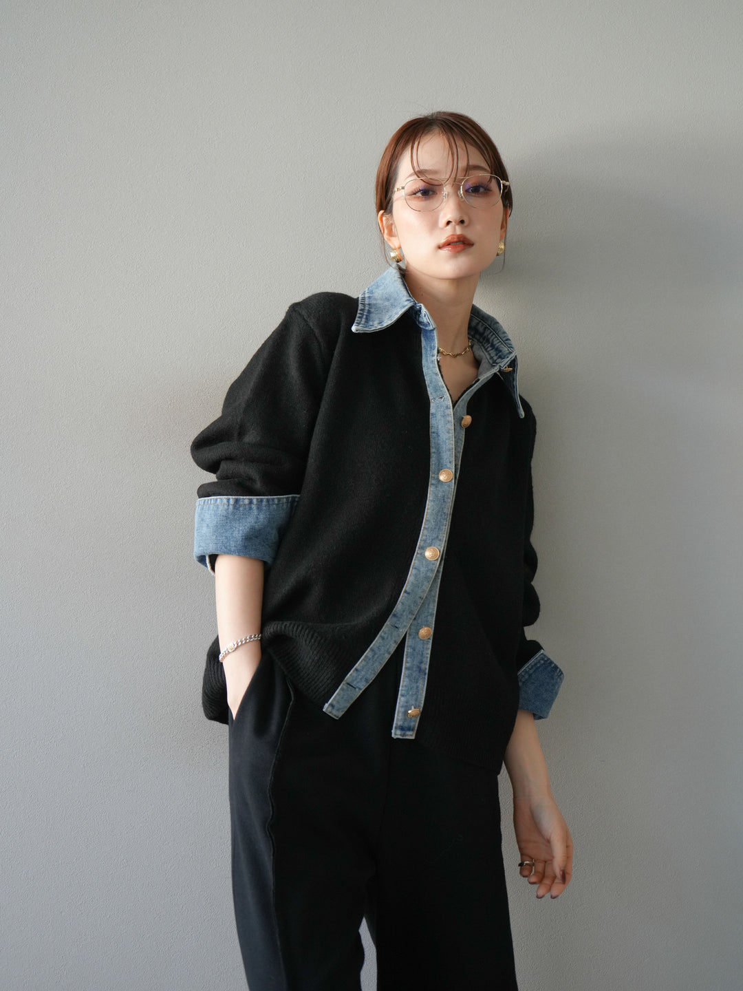 [予約]デニム襟ボタンニットカーディガン/black