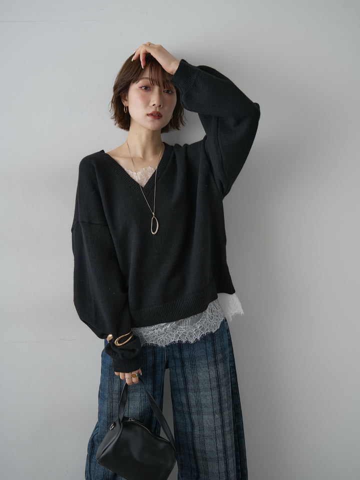 [予約]アルパカタッチレースドッキングVネックニットトップス/black