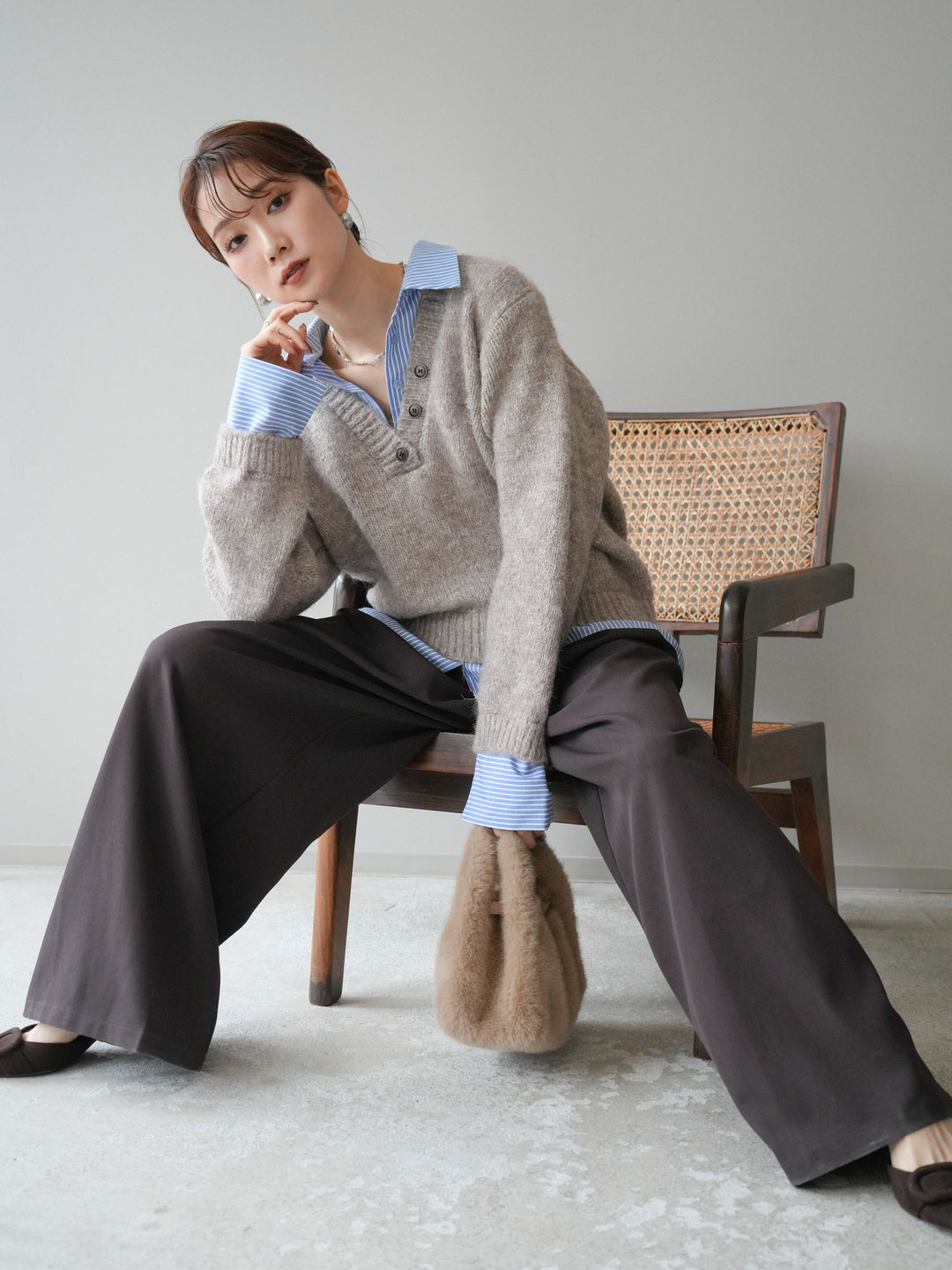 [SET]ストライプシャツドッキングMIXヤーンニットプルオーバー+ベルトループデザインワイドパンツ(2set)