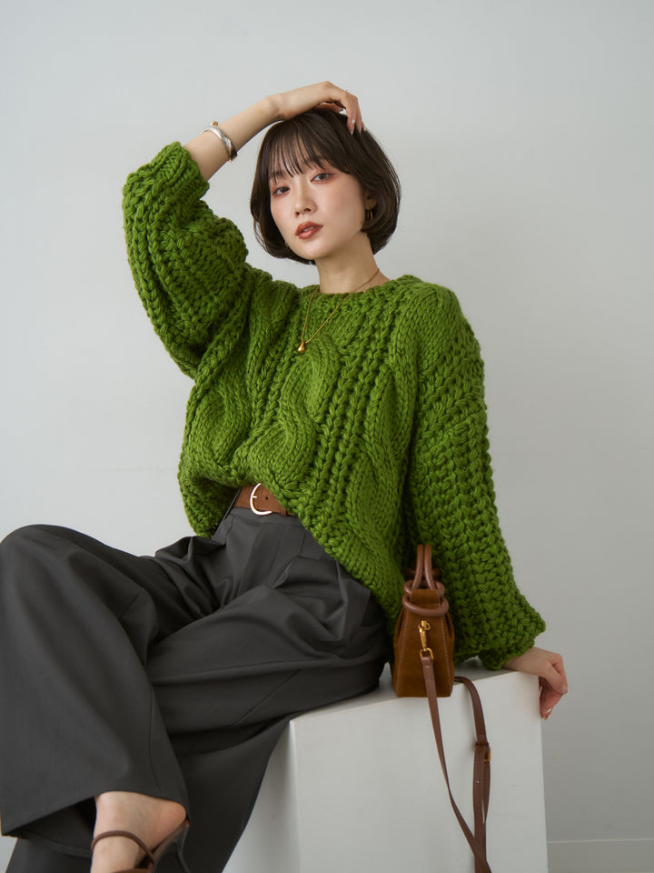 [SET]ボリュームケーブルニットプルオーバー+ツイルタックワイドパンツ(2set)