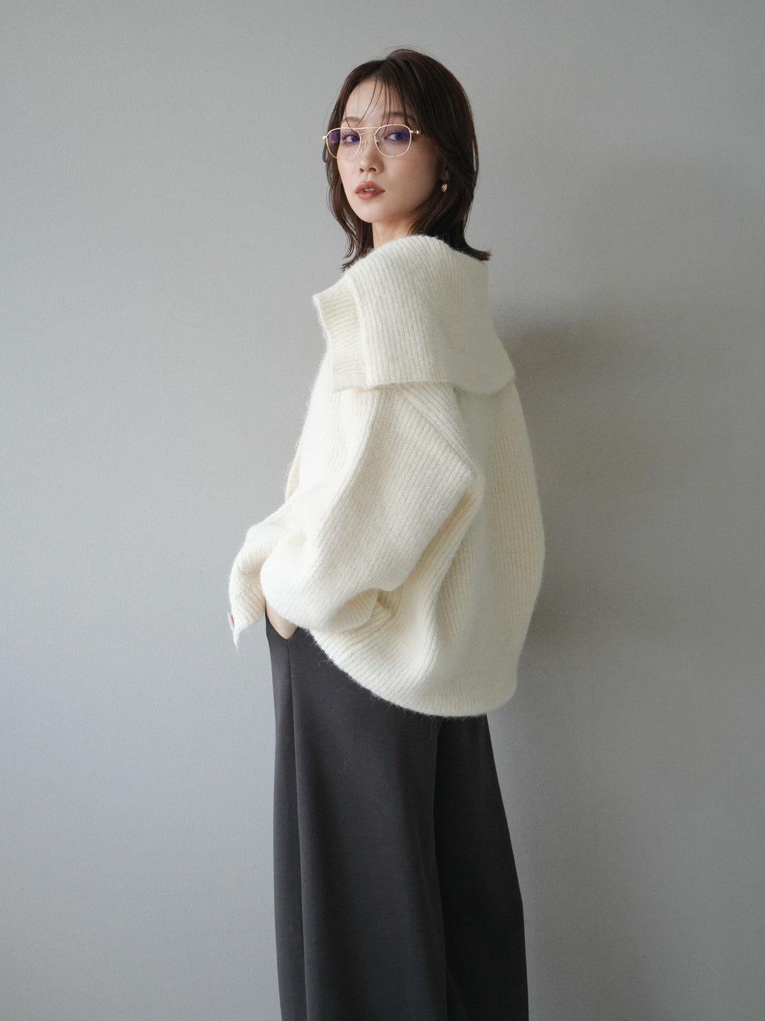 [予約]襟付きボタンオーバーニットカーディガン/ivory