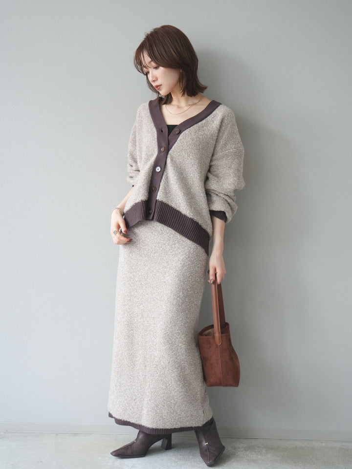 [SET]ブークレバイカラーニットカーディガン+ブークレバイカラータイトニットスカート(2set)