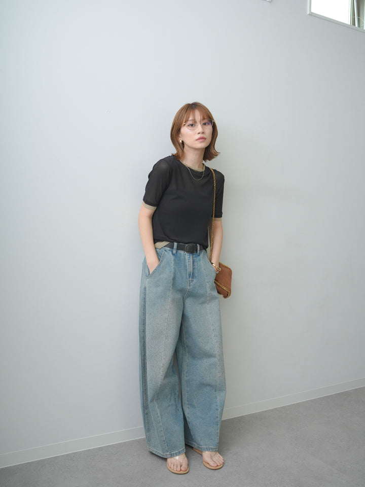 [SET]トリムレイヤードシアー半袖トップス+フロントビジューカーブデニムパンツ(2set)