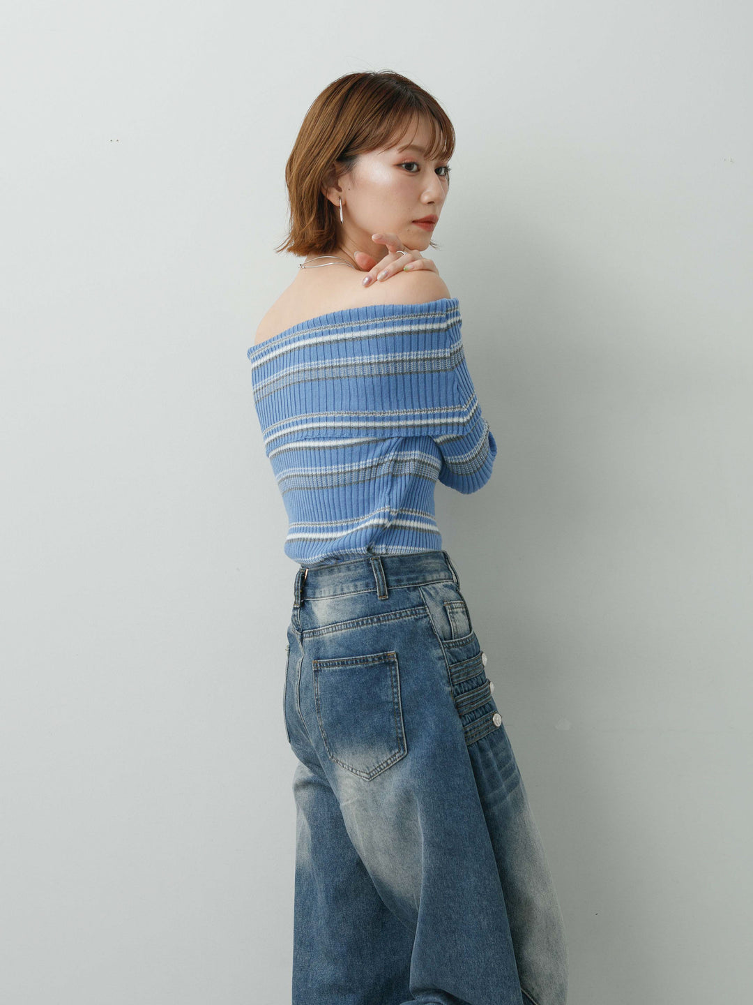 [予約]マルチボーダーオフショルニットトップス/blue