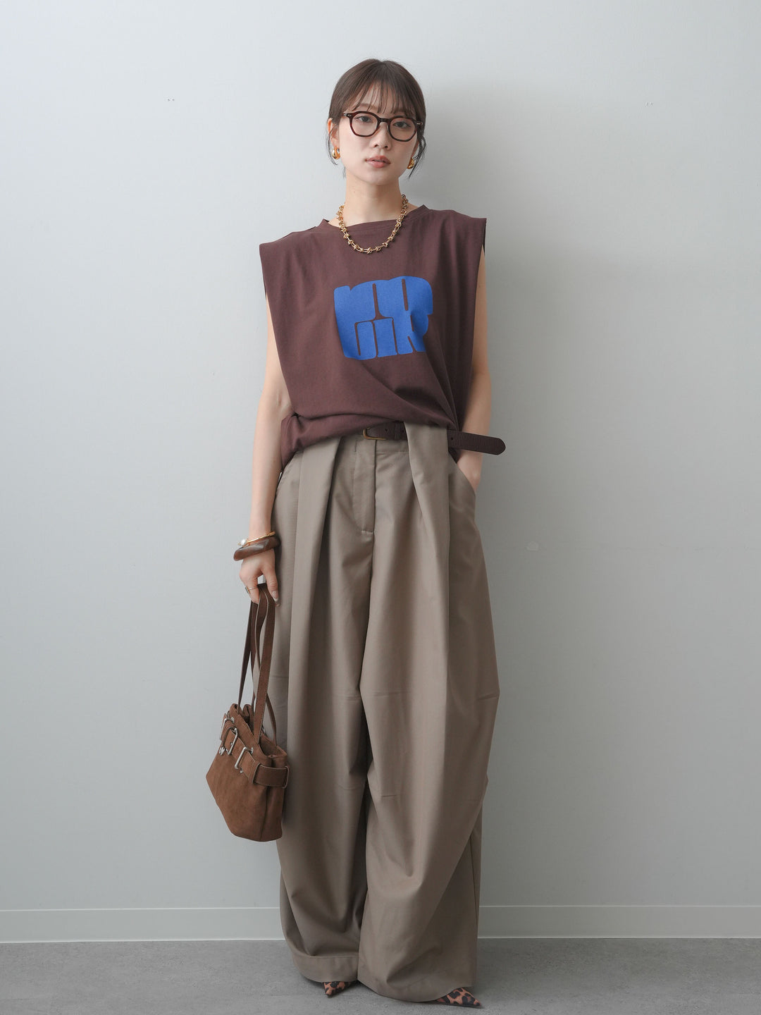 [SET]ワイドネックプリントTEE+ショルダータックノースリーブオーバーTEE(2set)