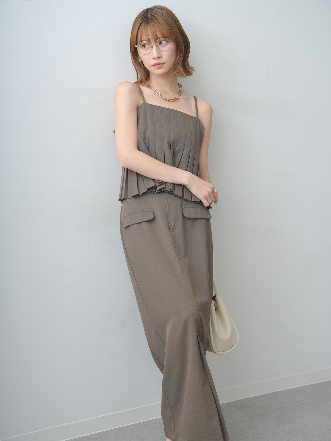 [SET]クレープデシンタックキャミソール+クレープデシンフラップ付きストレートスカート(2set)