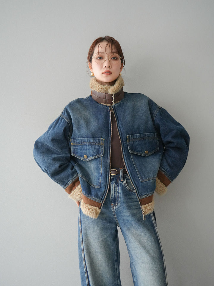 [予約]スタンドカラーファー×デニムジャケット/blue