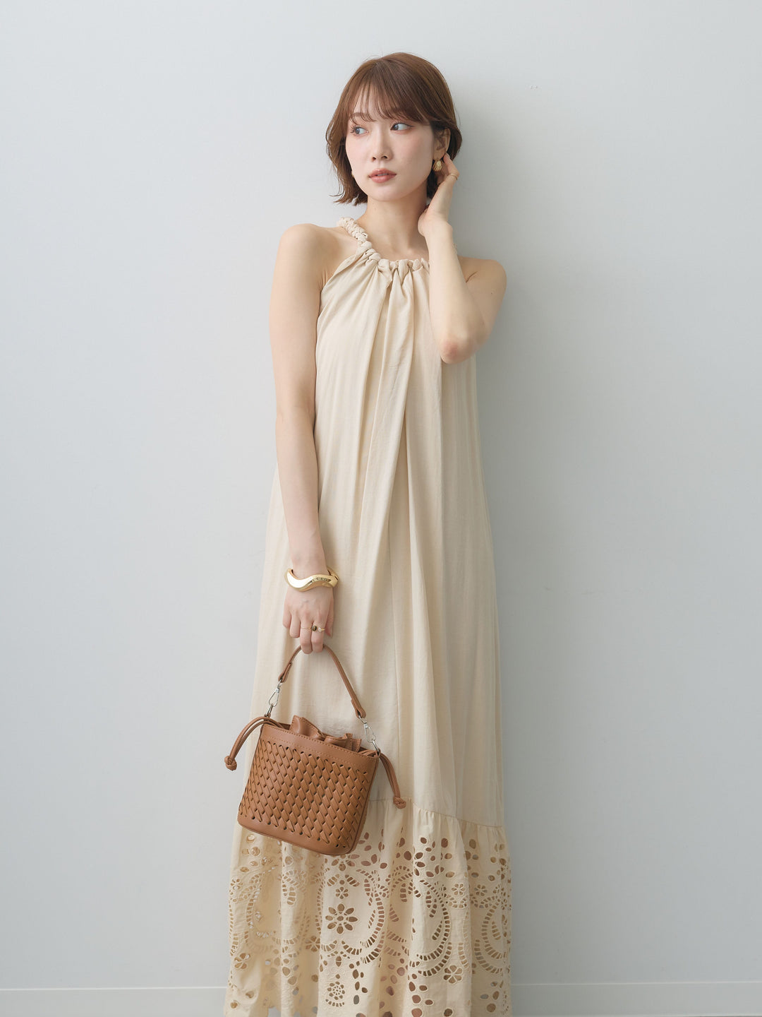 [予約]スカラップヘムカットワークレースキャミワンピース/beige