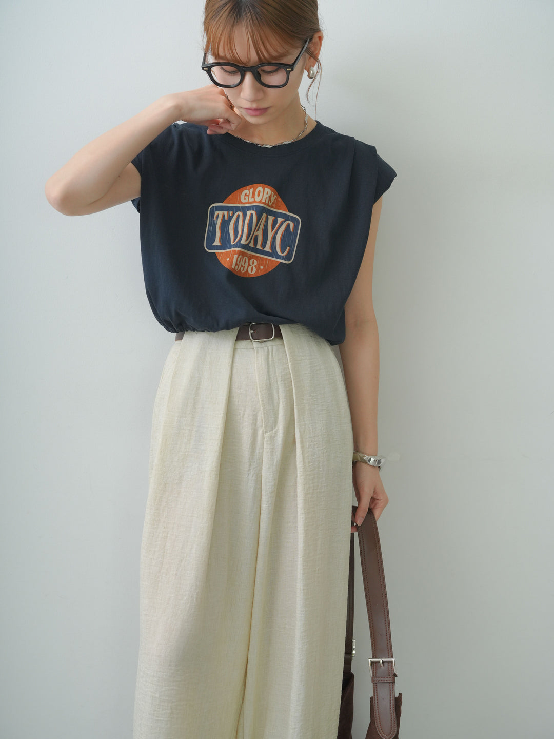 [SET]ヴィンテージロゴドロストTEE+リネンライクベルトループワイドパンツ(2set)