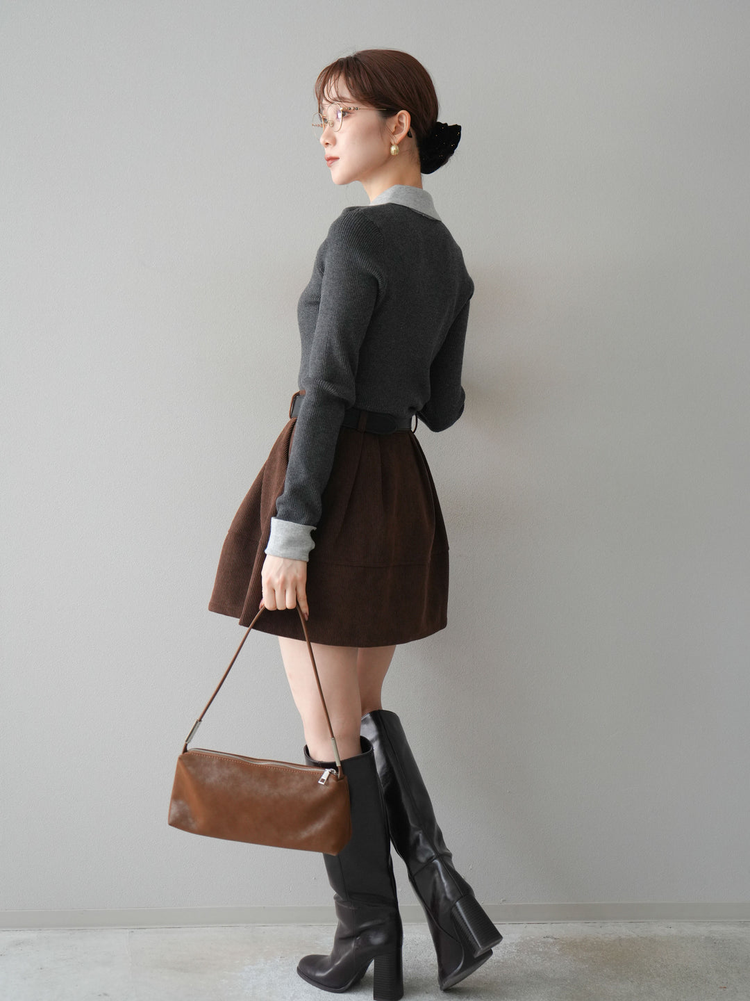 [予約]ベルト付インパンコーデュロイタックフレアスカート/brown