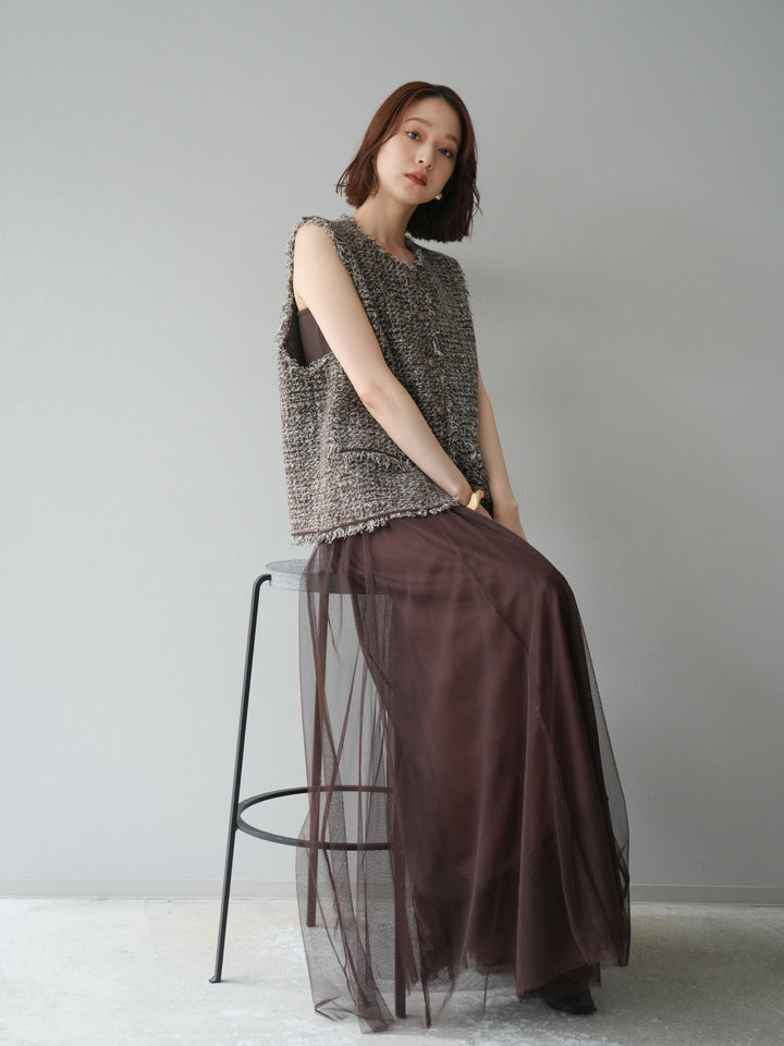 [予約]ミックスツイードフリンジニットベスト/ブラウン