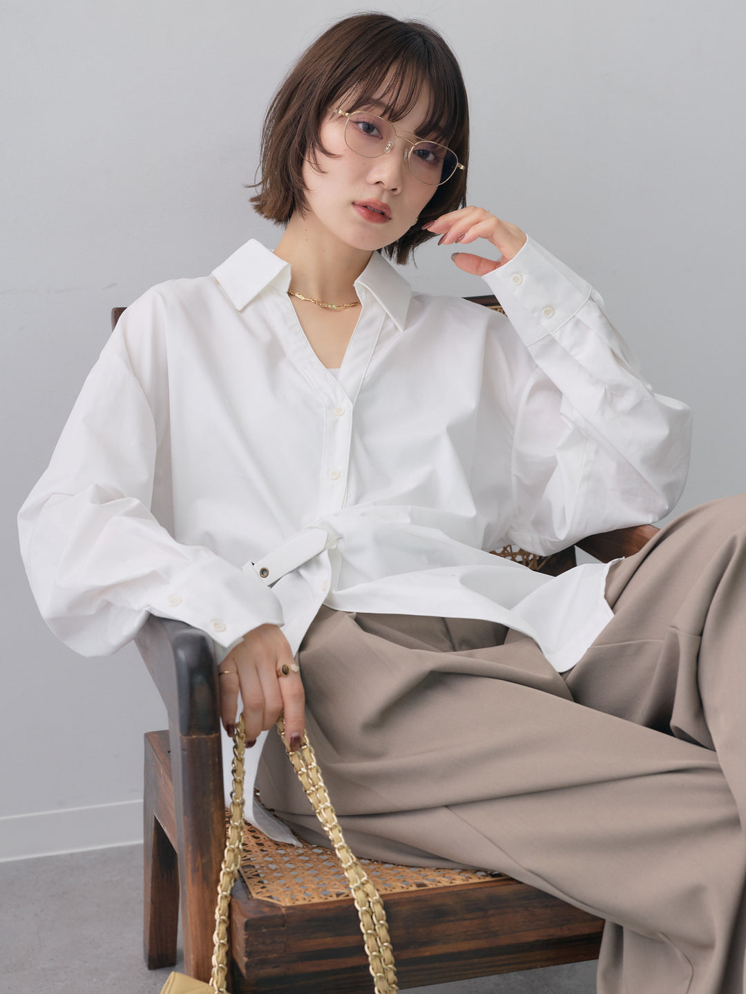 [SET]ベルテッドドレープシャツ+ツイルタックワイドパンツ(2set)