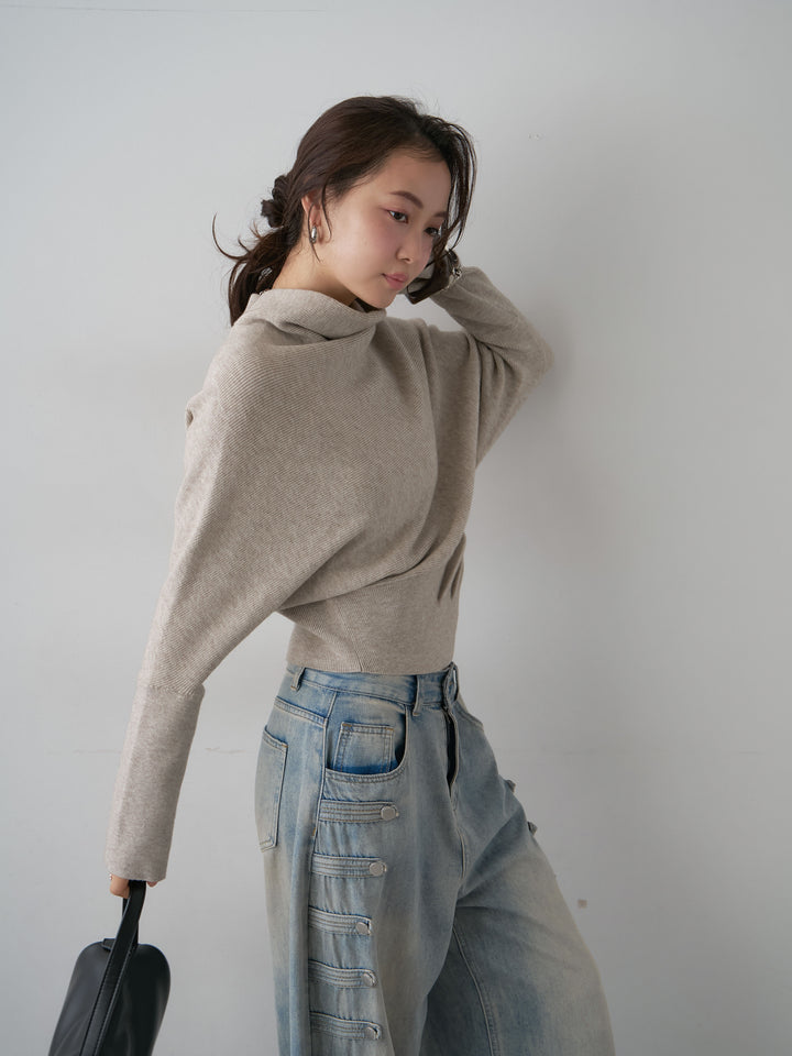 [予約]ハイネックサイドボタンギャザーニットトップス/beige