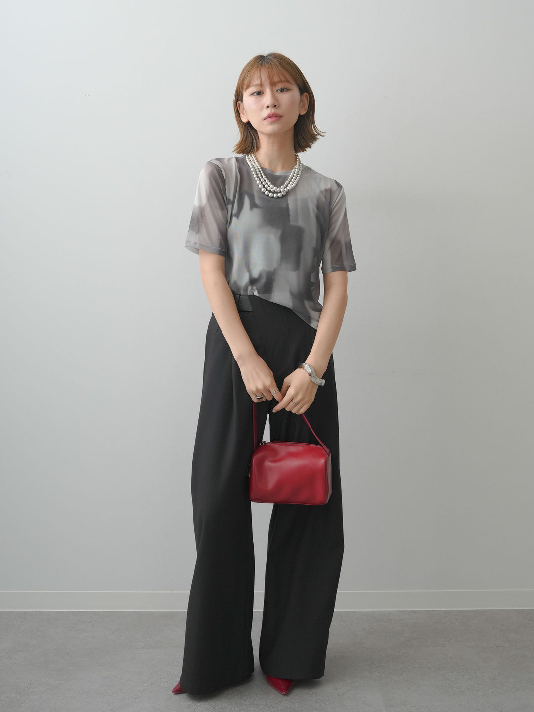 [SET]水彩アートシアーTシャツ+アシンメトリーベルトタックワイドパンツ(2set)