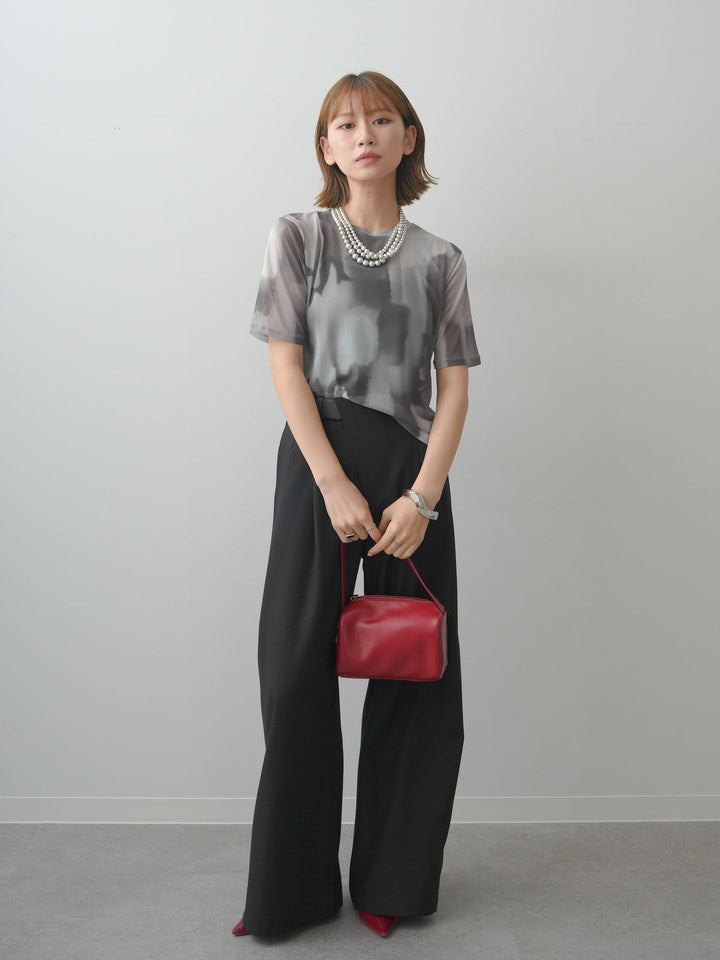 [SET]水彩アートシアーTシャツ+アシンメトリーベルトタックワイドパンツ(2set)