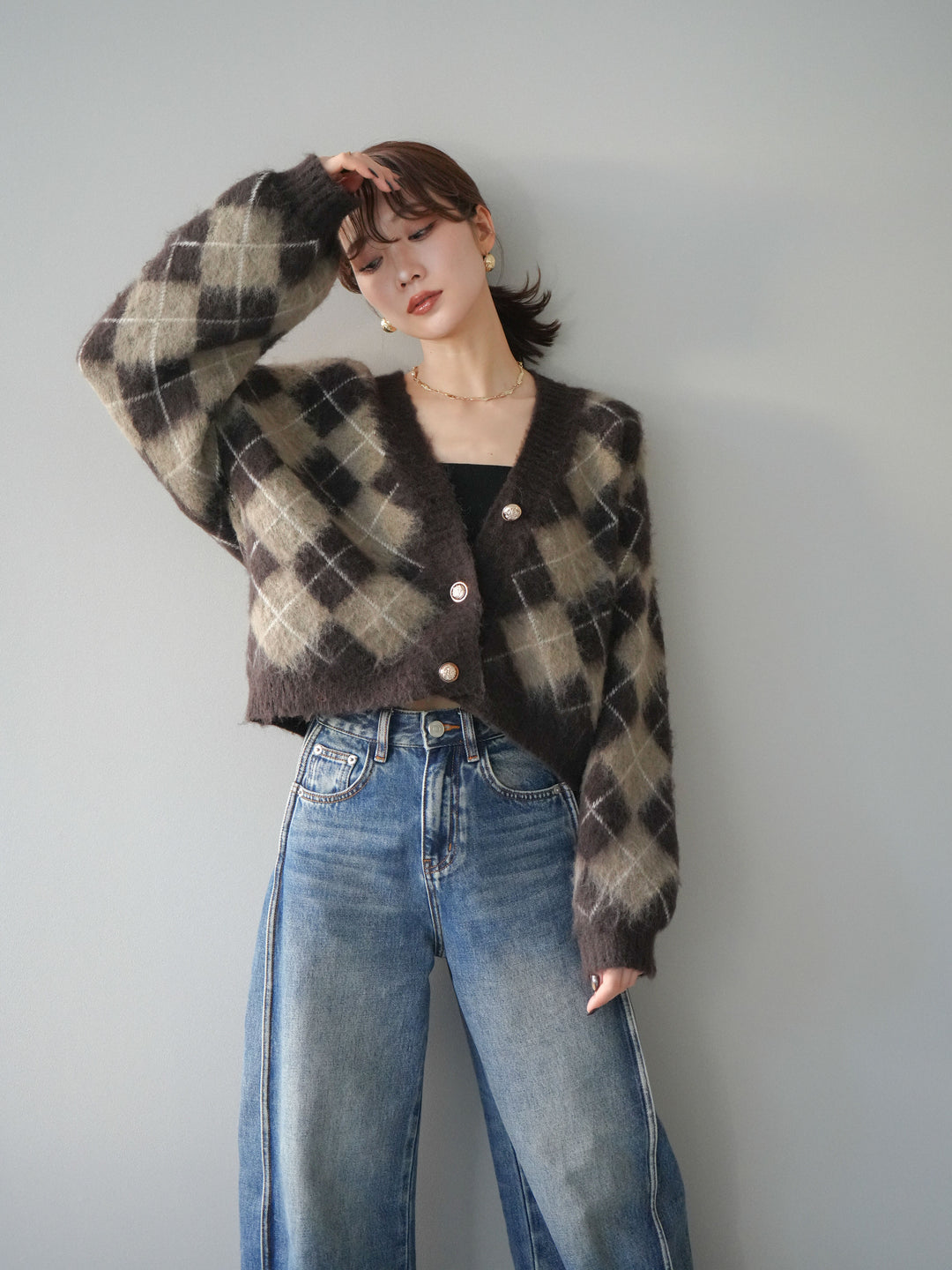 [予約]アーガイルシャギーニットカーディガン/brown