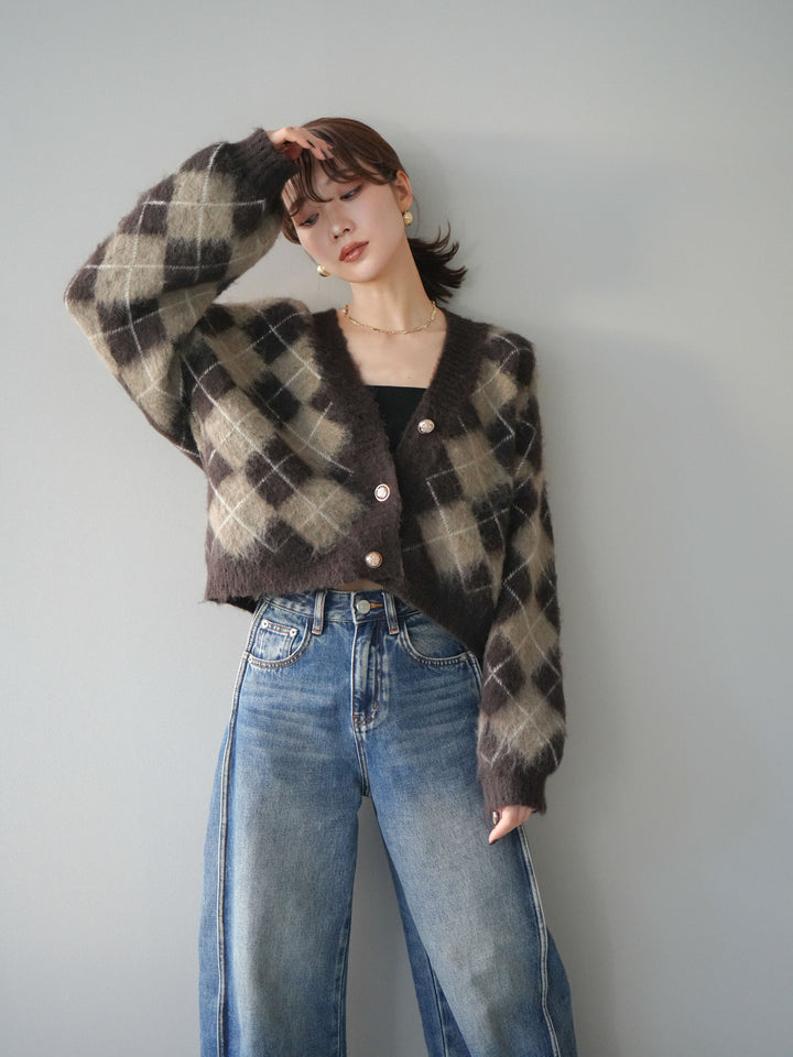 [予約]アーガイルシャギーニットカーディガン/brown