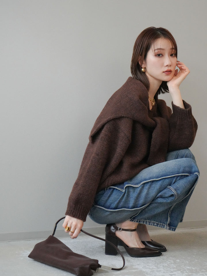 [予約]ストール付きVネックニットプルオーバー/brown