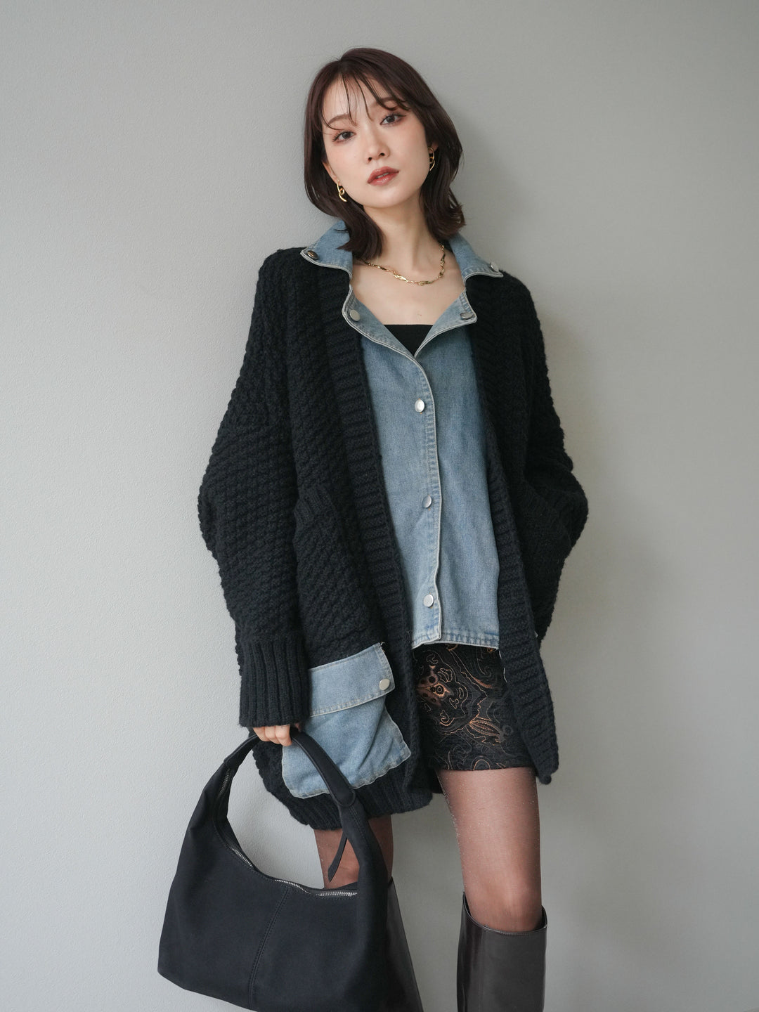 [SET]デニム襟レイヤードニットジャケット+デニム襟レイヤードニットジャケット(2set)