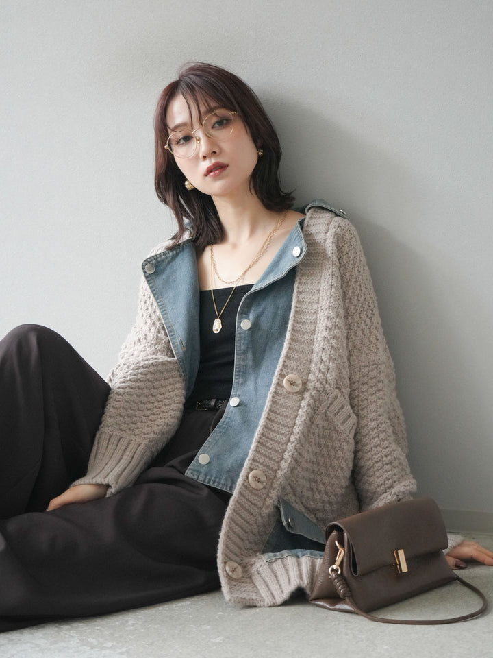 [予約]デニム襟レイヤードニットジャケット/greige