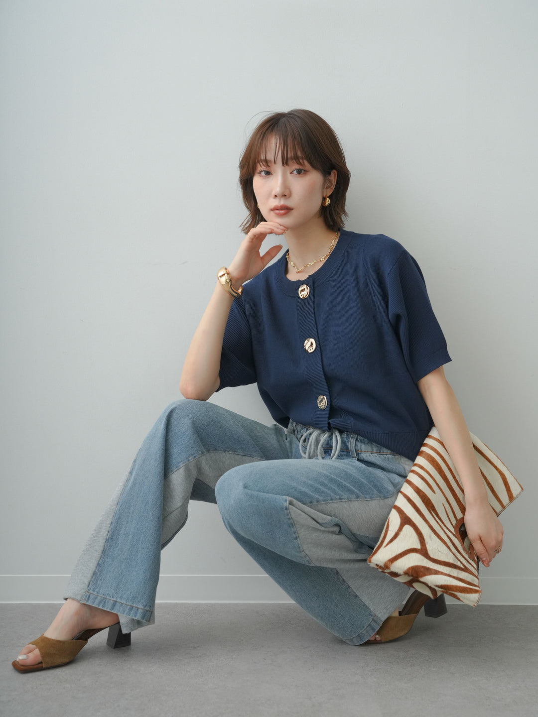 [予約]ゴールドボタンハーフニットカーディガン/navy