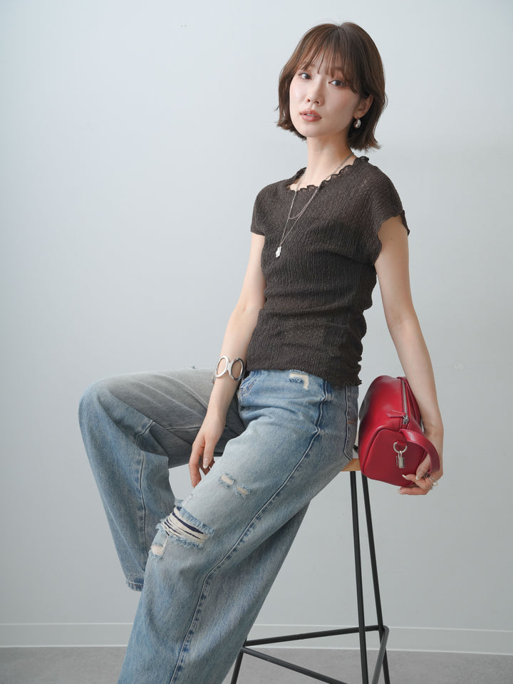 [SET]シャーリングシアーバックオープンフレンチトップス+シャーリングシアーバックオープンフレンチトップス(2set)