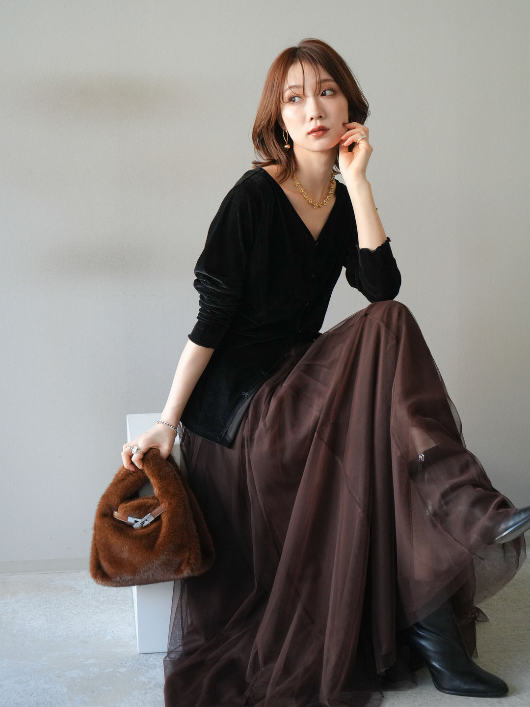 [予約]ベロアカーディガン/black