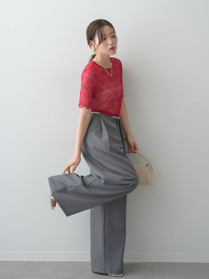 [SET]フラワーモチーフレーストップス+ベルトループデザインワイドパンツ(2set)