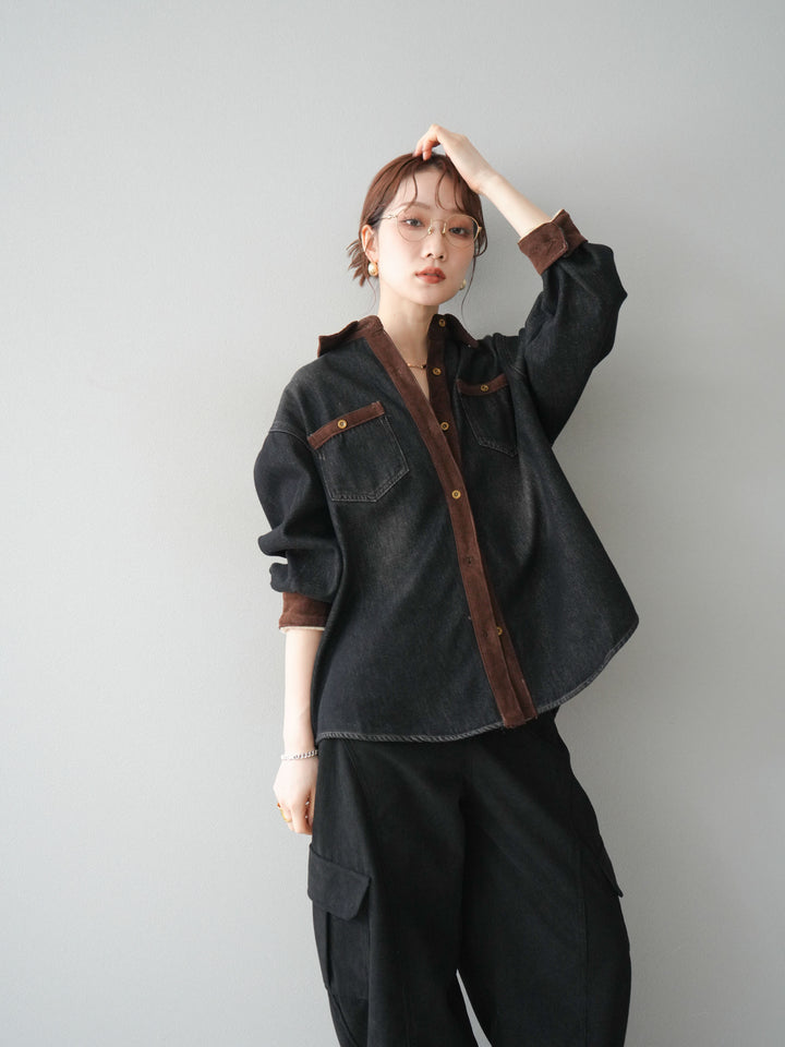 [予約]裏起毛コーデュロイ襟デニムシャツジャケット/black
