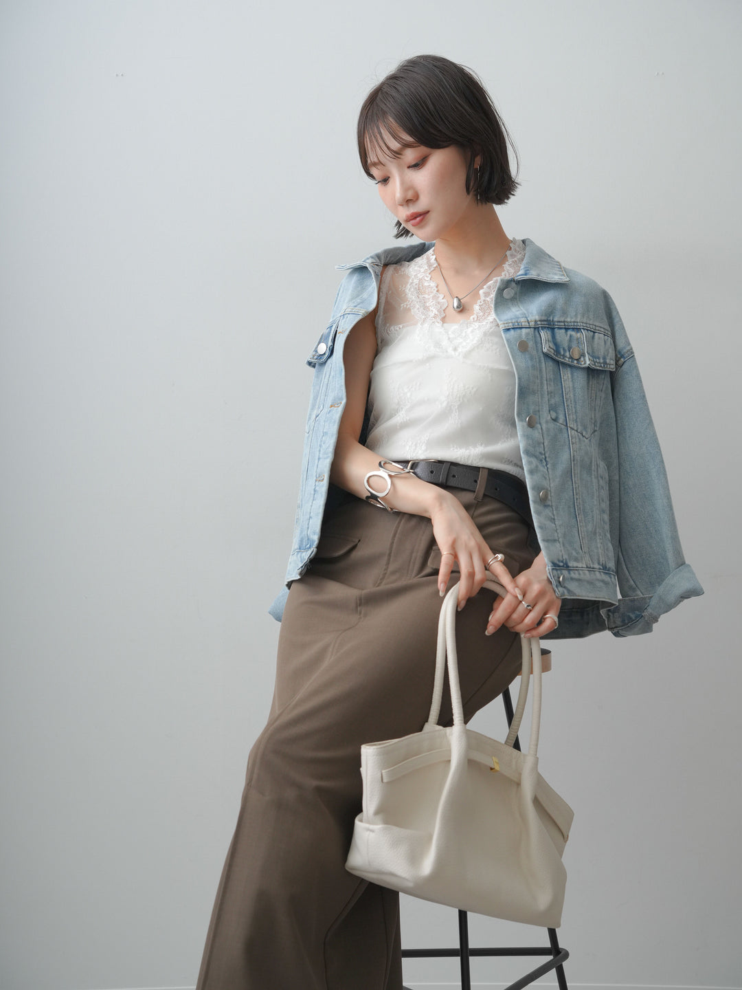 [SET]フラップデザインデニムジャケット+クレープデシンフラップ付きストレートスカート(2set)
