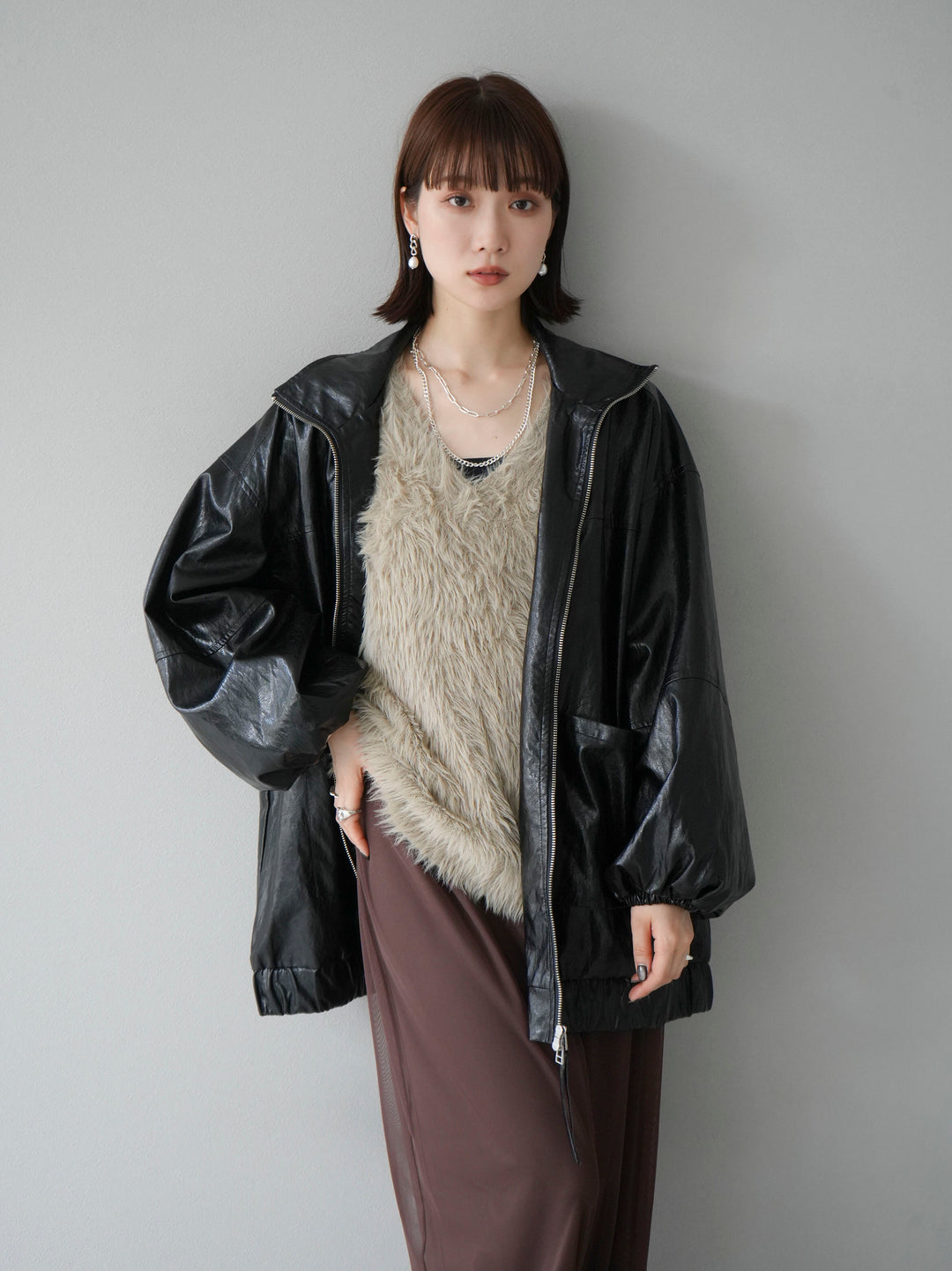 [予約]フェイクレザーオーバーブルゾン/ブラック