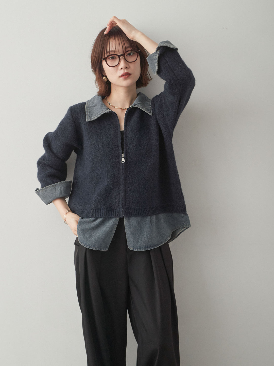 [予約]デニムレイヤードデザインジップニットカーディガン/navy