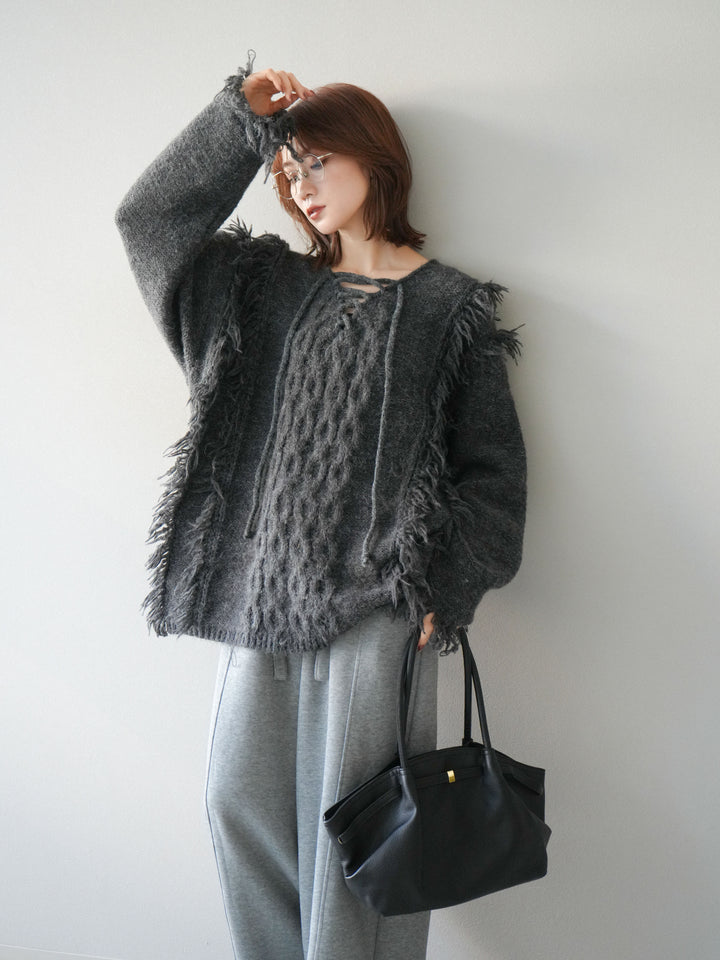 [予約]レースアップフリンジニットプルオーバー/gray
