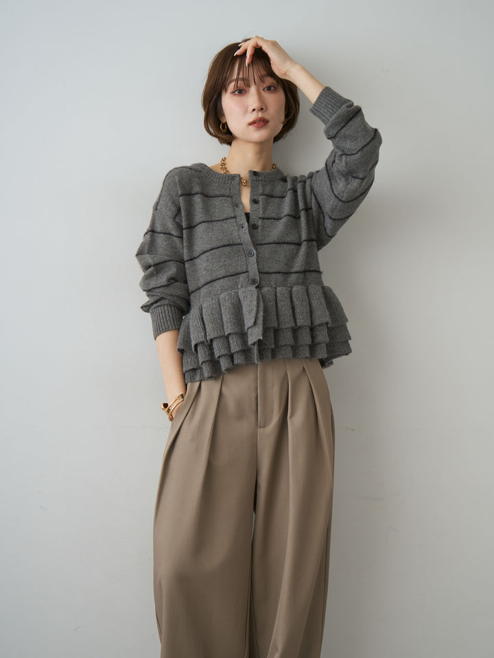 [SET]フェザーボーダーフリルカーディガン+ツイルタックワイドパンツ(2set)