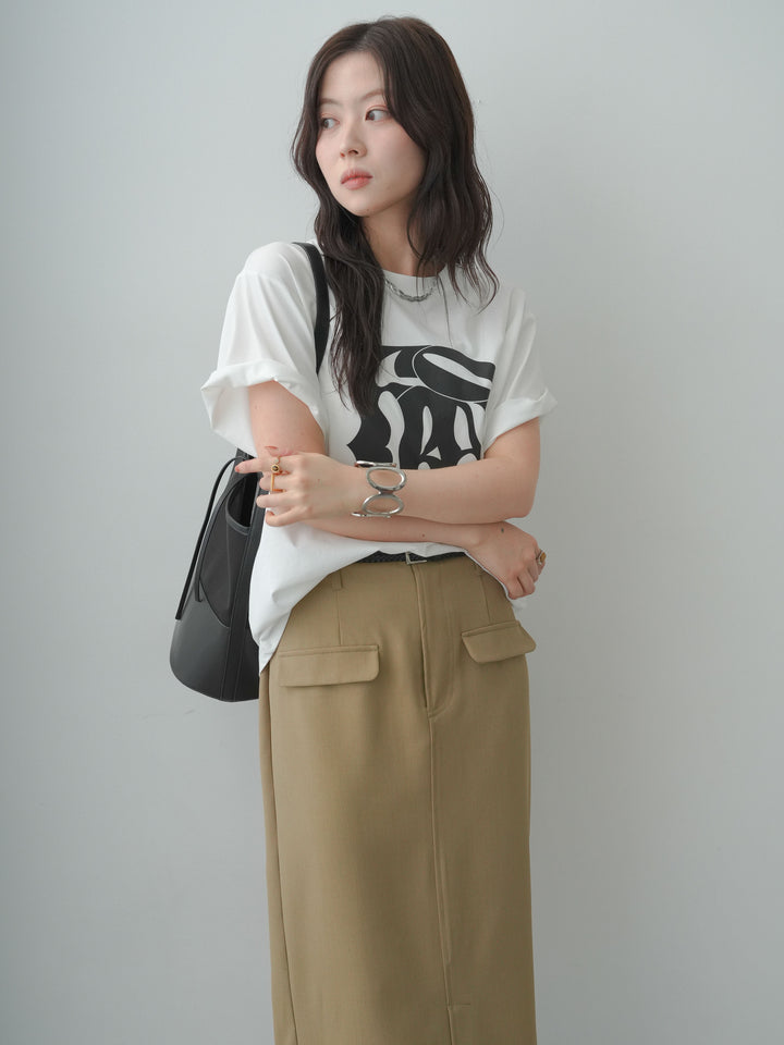 [SET]クールタッチアートロゴオーバーTEE+クレープデシンフラップ付きストレートスカート(2set)