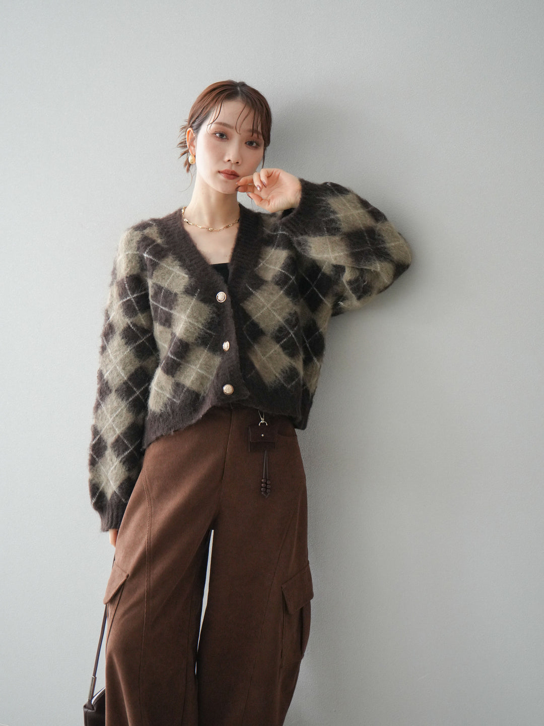 [予約]アーガイルシャギーニットカーディガン/brown