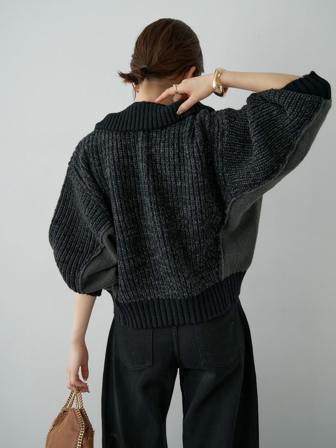 [予約]バイカラーハーフジップリブニットトップス/black