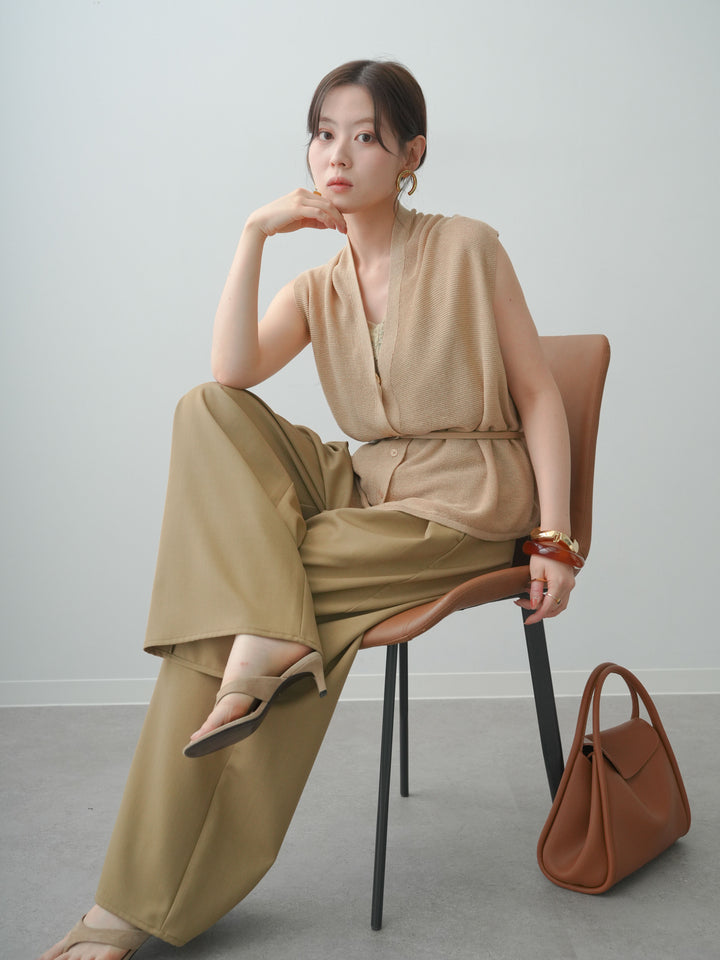 [SET]ベルト付フロントボタンノースリニットトップス+クレープデシンタックワイドパンツ(2set)
