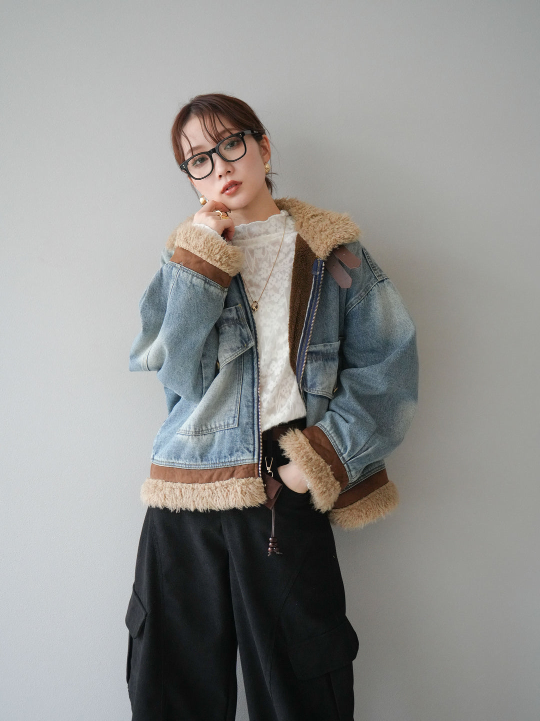 [予約]スタンドカラーファー×デニムジャケット/lightblue