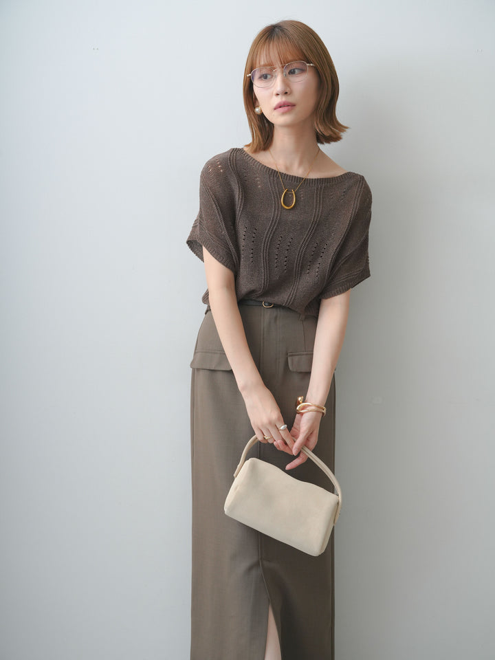 [SET]アイレットサマーニットトップス+クレープデシンフラップ付きストレートスカート(2set)